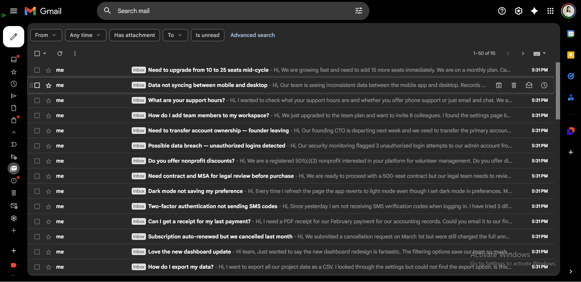 Gmail inbox view showing incoming support emails before automated category labels are applied.