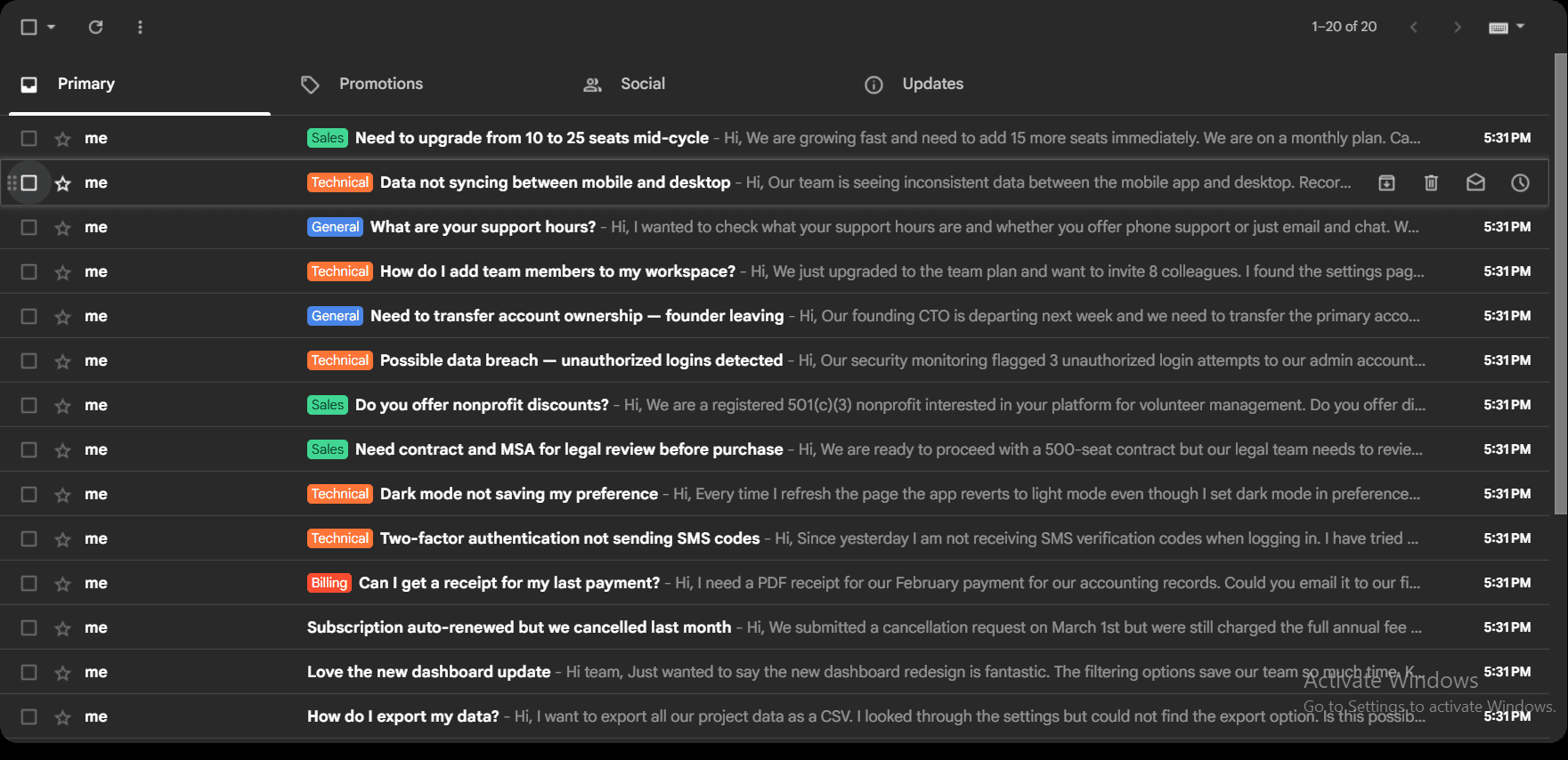 Gmail inbox after automation with colored category labels like Sales, Technical, General, and Billing.